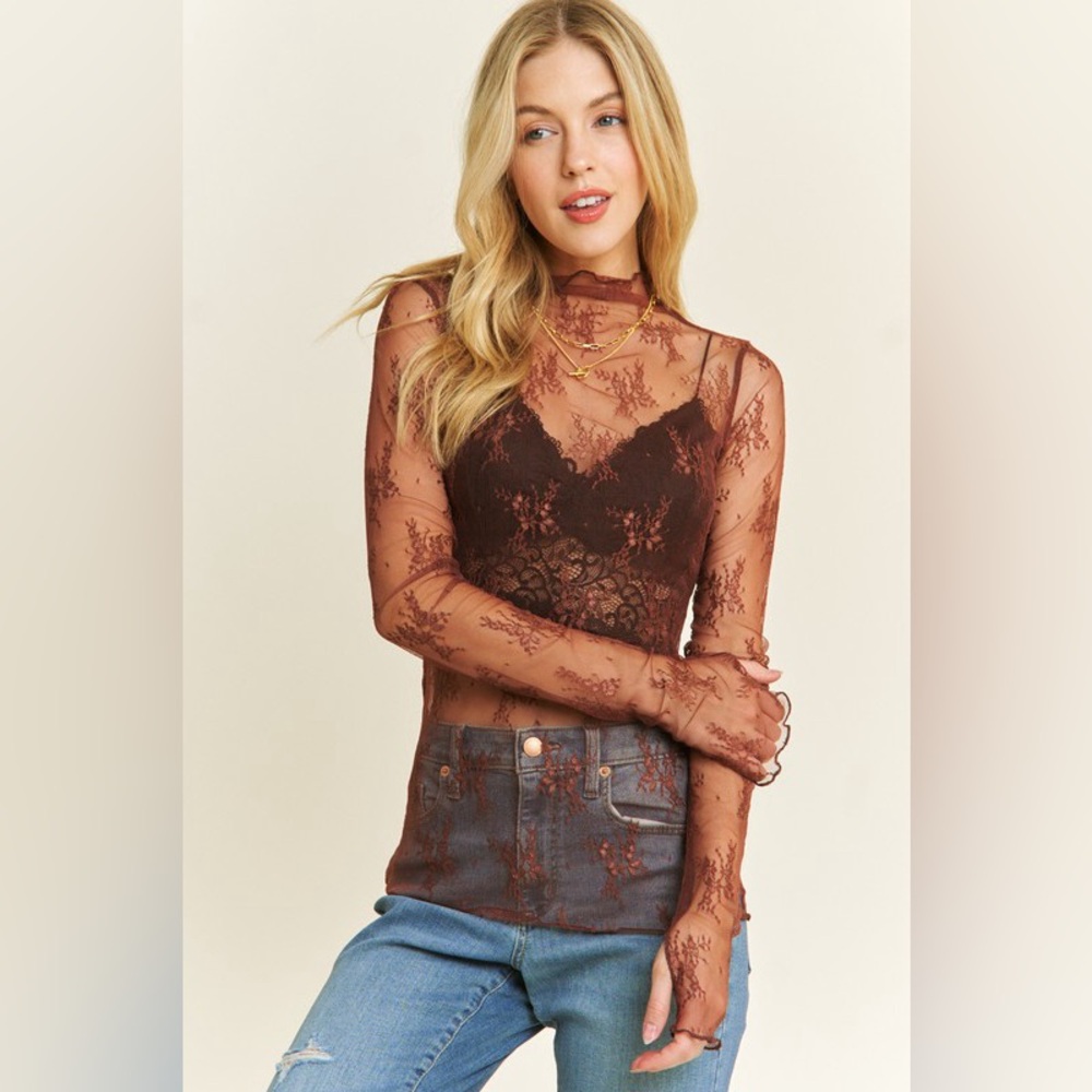 #16 Brie Floral Lace Top-Brown